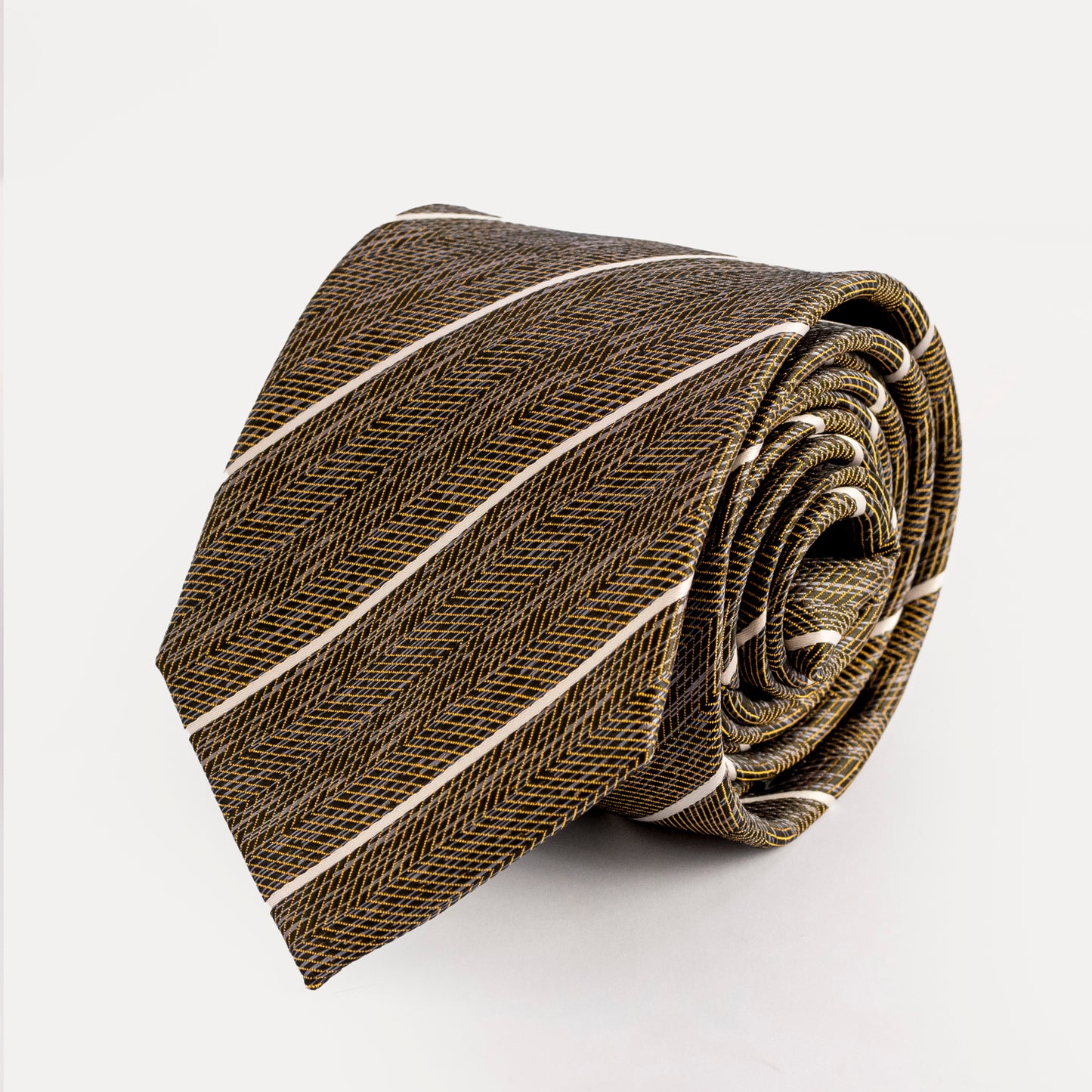 Folded brown tie with white stripes on a light gray background