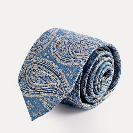 Blue paisley tie on a white background