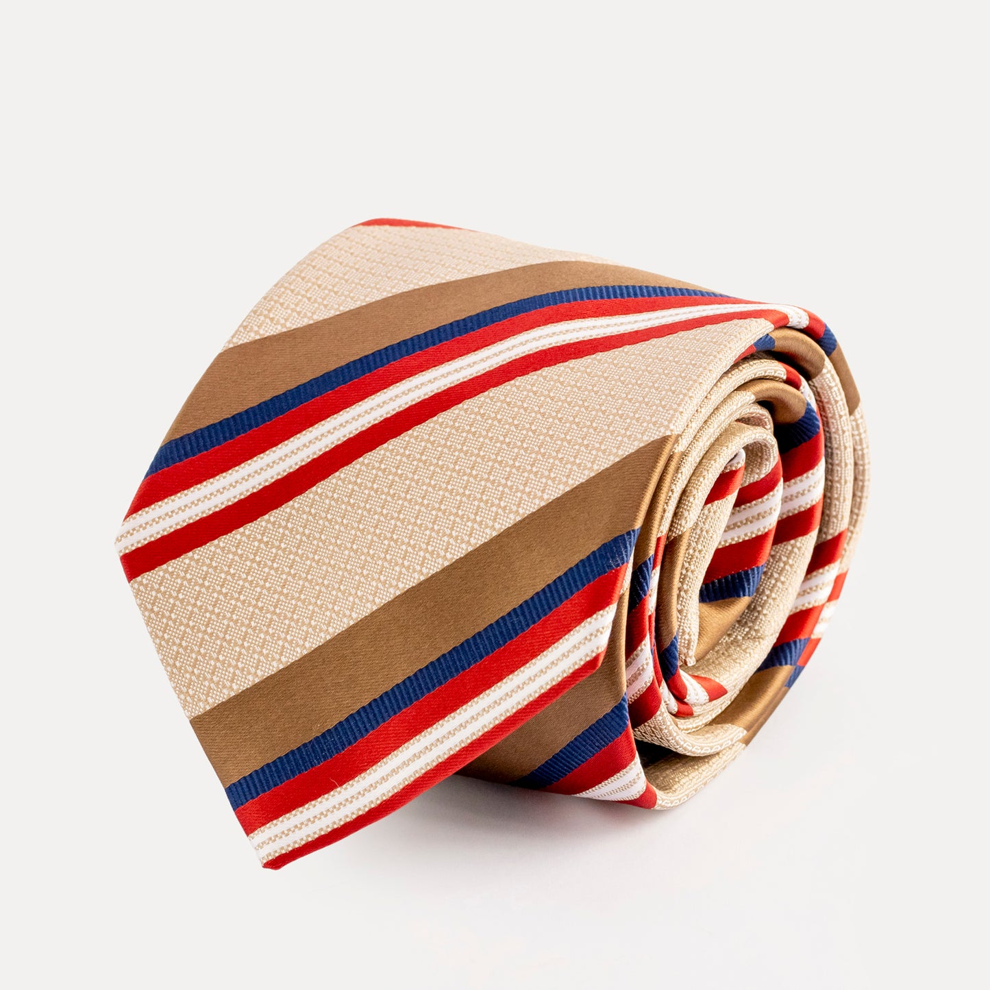 Striped tie with red, blue, and beige colors on a light gray background