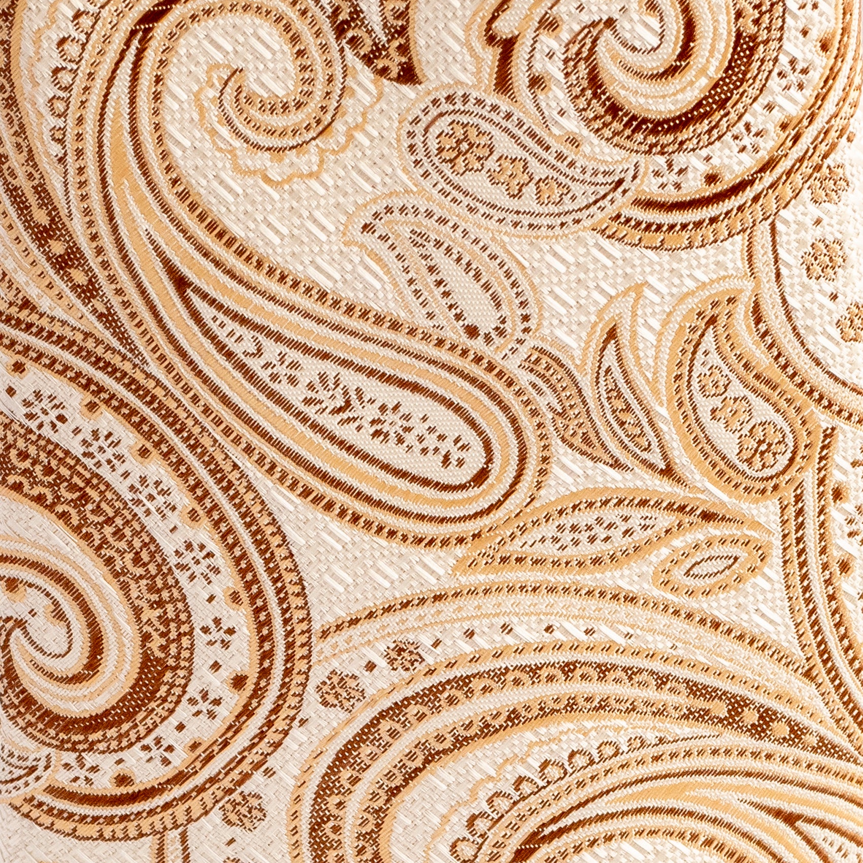Close-up of a beige and brown paisley pattern fabric texture