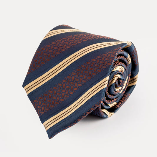Navy blue tie with gold stripes on a white background