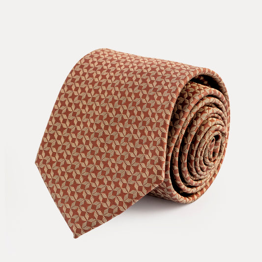 Rolled-up brown patterned tie on a white background