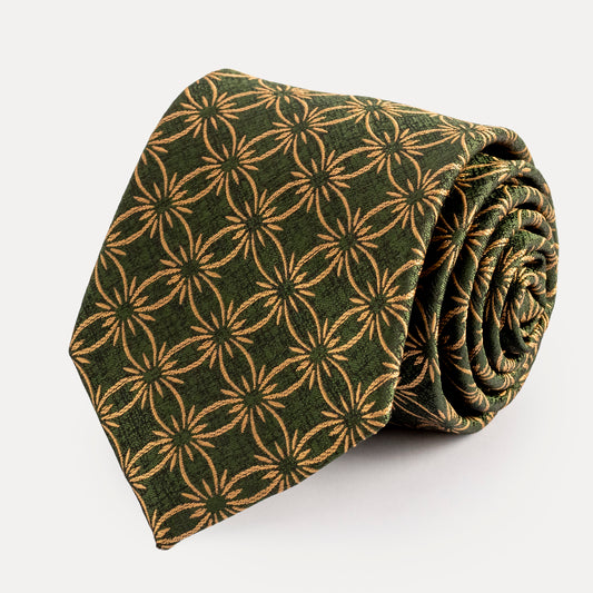 Green tie with geometric pattern on a white background