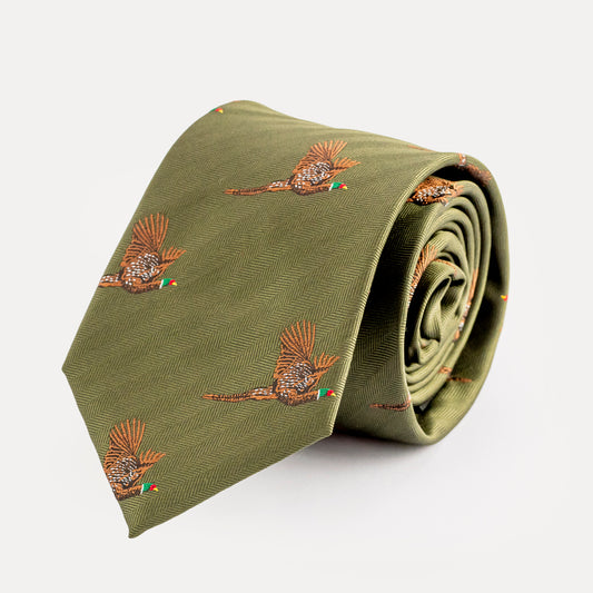 Green tie with bird embroidery on a white background