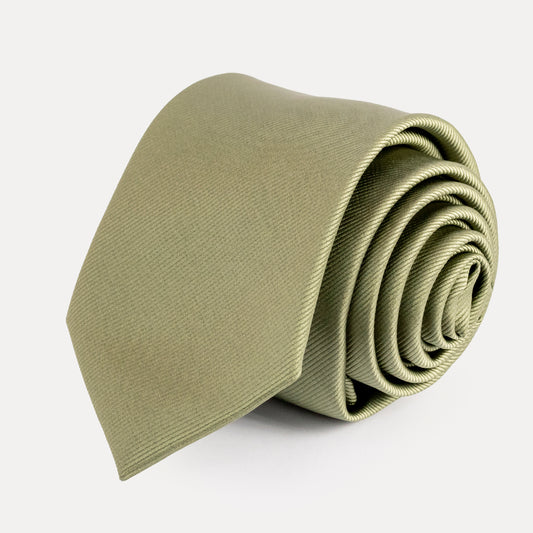 Rolled-up olive green tie on a white background